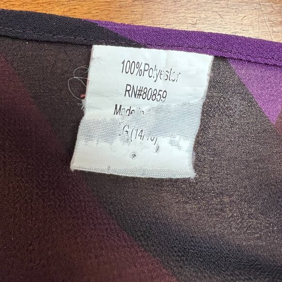 Draped Blouse Top Womens Large‎ Purple Black Sheer Geometric Statement Sleeve 14 - Picture 15 of 16